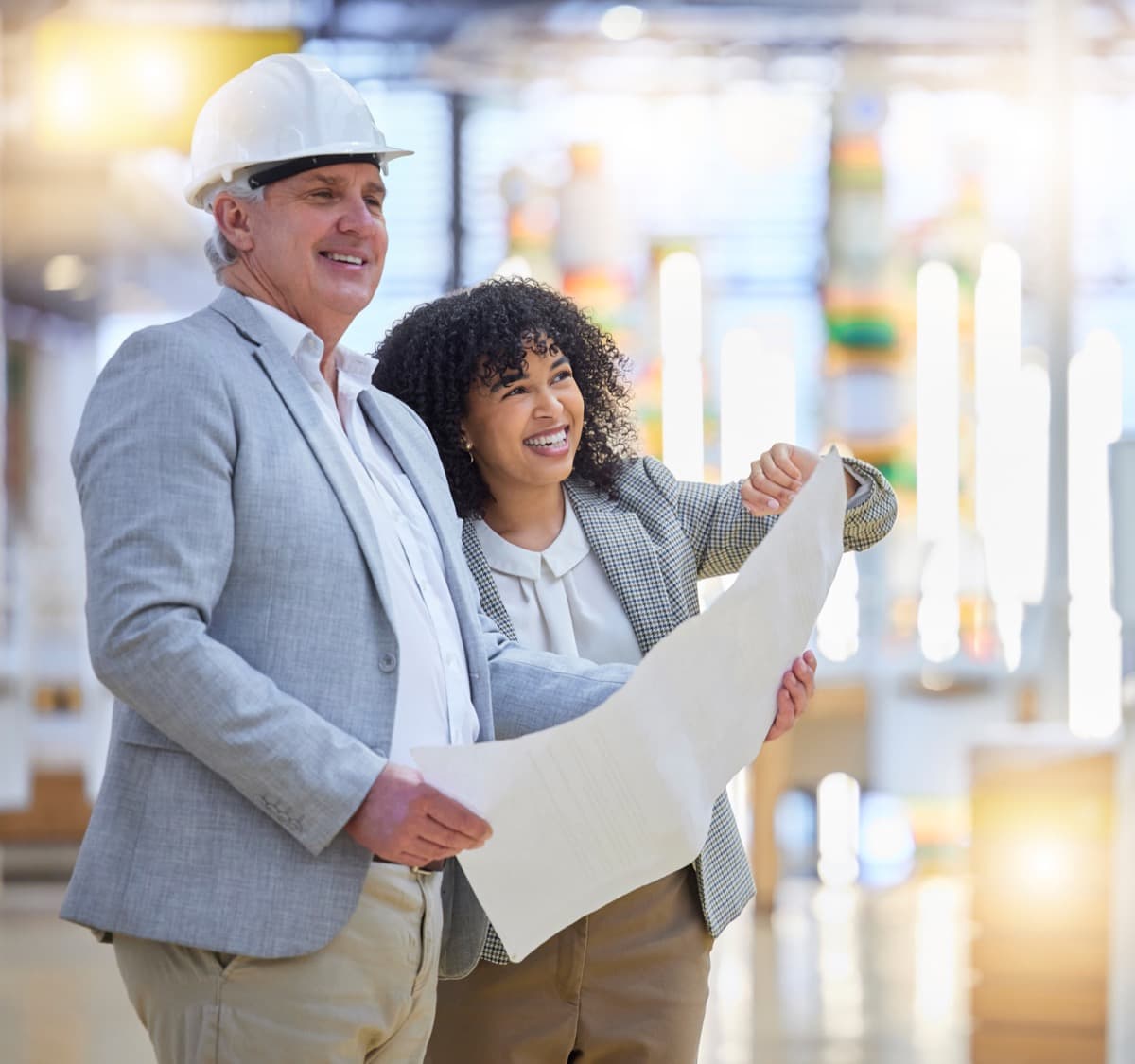 Contractors in hard hats reviewing plans at a project site