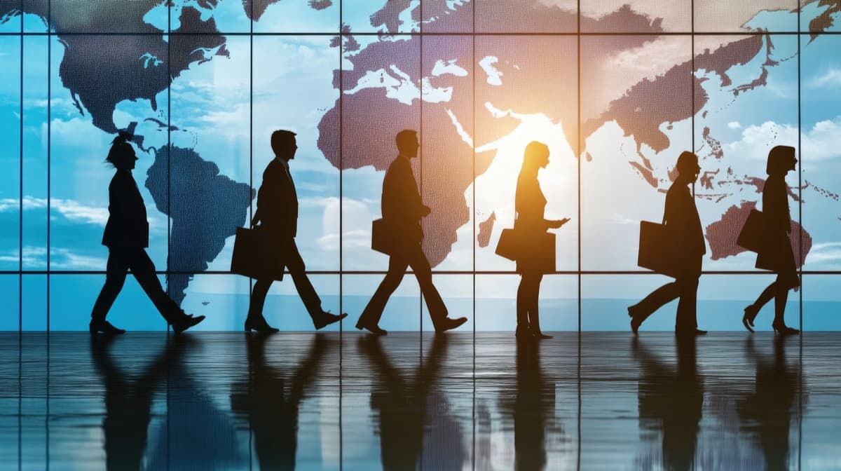 Business travellers walking through a city skyline at sunset