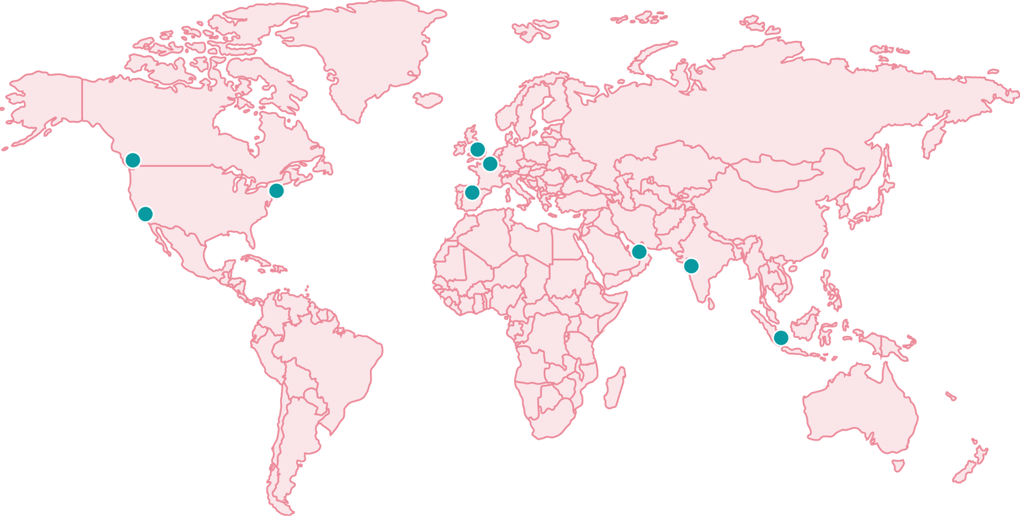 World map highlighting cities covered by OnePlace's corporate accommodation network
